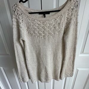 White House Black Market Cream Knit Scoop Neck Sweater with Lace Yoke